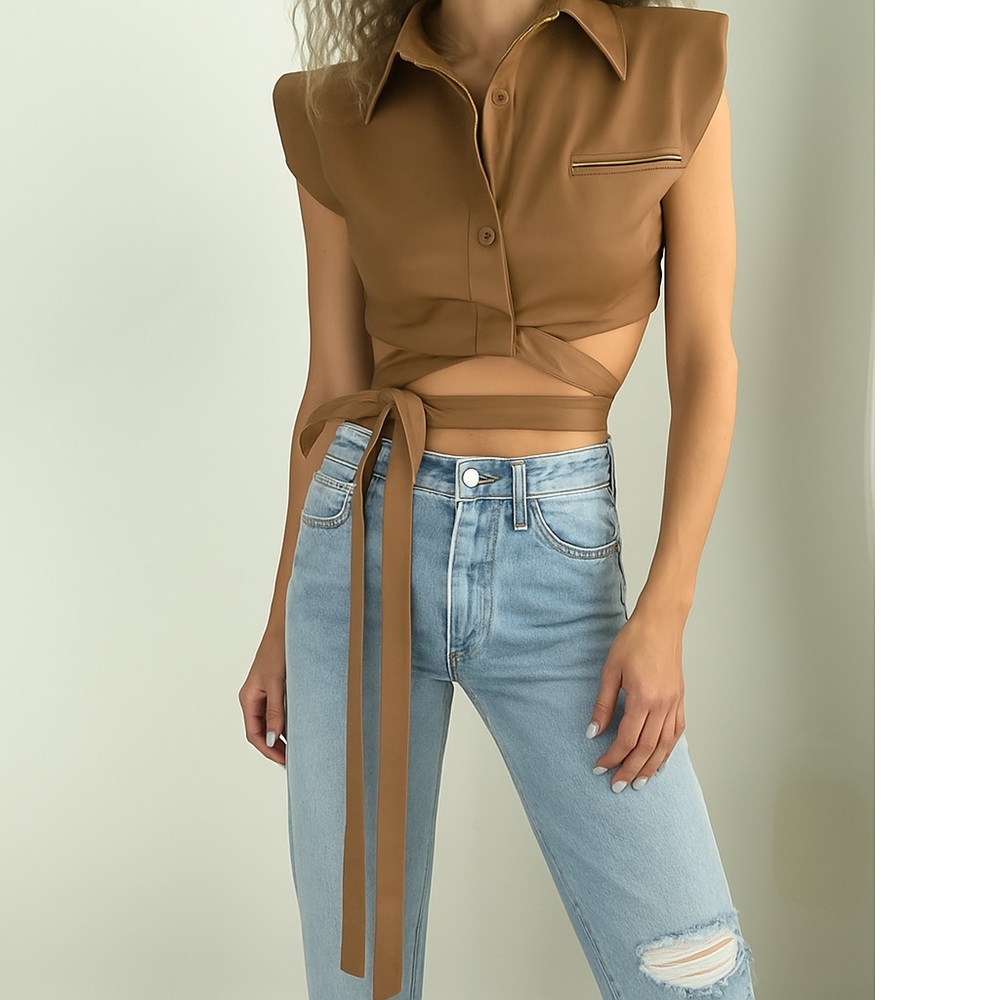 NONchalant Tan Faux Leather Button Down Crop Top
